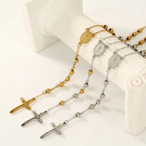 Polished stainless steel rosary necklaces with crucifix pendants in gold and silver