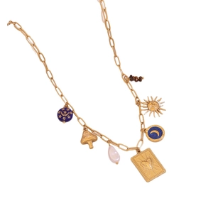 Gold paperclip chain necklace with celestial sun moon and tarot card pendants