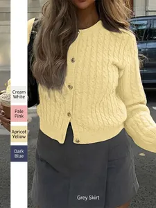 Women Cable Knit Cardigan Round Neck Long Sleeve Gold Button Slim Knitwear Casual Solid Color French Chic Sweater