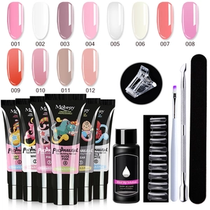 Detail view of 6-color poly nail gel kit with slip solution and manicure tools