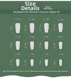 Detailed size chart for 24pcs short coffin press-on nails in 12 various dimensions