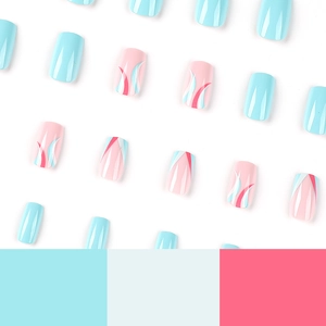 Blue and pink flame pattern press on nails in square-oval shape on white background