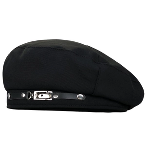 Classic black beret with leather strap and silver metal studs in a professional side view