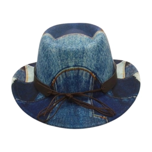 Vintage denim patchwork jazz hat with orange stitching and brown leather decorative band