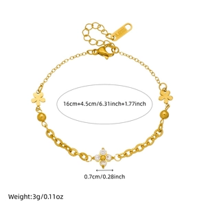 Elegant gold stainless steel floral link bracelet with shimmering crystal pendant charm