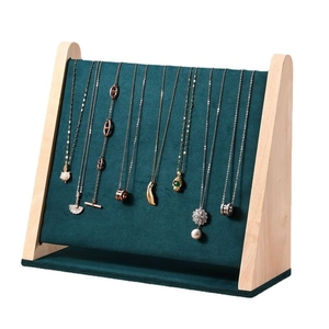 Solid wood necklace display stand with dark green velvet panel for jewelry counters