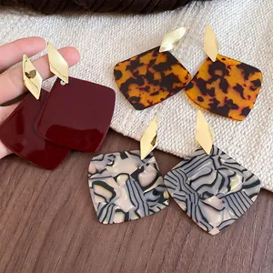Geometric Rhombus Drop Earrings Tortoise Shell Acetate Retro Copper Women With 925 Sterling Silver Earring Post
