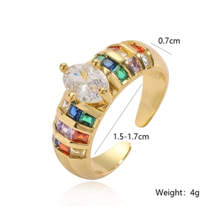 Detailed size chart of 18K gold plated ring with rainbow zircons and 0.7cm width