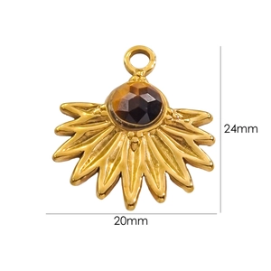 20x24mm gold sunburst pendant featuring a brown faceted natural stone inlay detail
