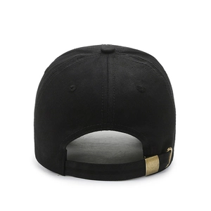 Rear view of black cotton baseball cap featuring vintage adjustable brass metal buckle