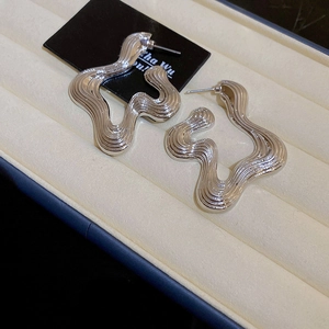 Detail of silver irregular wavy stud earrings with brushed metallic texture in a jewelry box