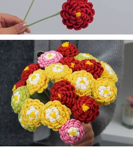 Macro detail of hand-knitted colorful crochet peony flowers with realistic textures