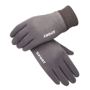Winter gray sports gloves with faux suede and knitted cuffs, featuring SPORT logo on back