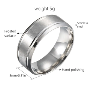 Close-up of 8mm brushed matte silver stainless steel ring with polished edges