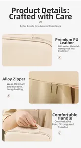 Detail of durable alloy zipper and sturdy handle on cream PU leather toiletry bag