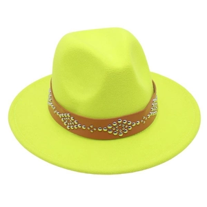 Detailed macro view of the neon yellow wool fedora hat with silver studded leather band
