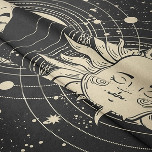 Celestial tapestry with sun moon patterns and starry constellations in black and beige