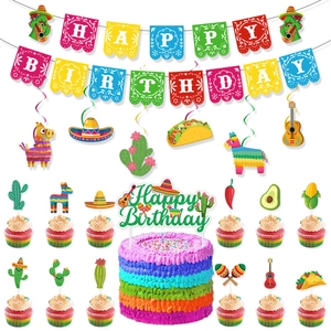 Mexican Fiesta Birthday Party Set with Happy Birthday Banner Cake Toppers and Swirls