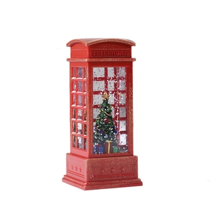 Red Christmas telephone booth lantern with interior tree and shimmering glitter snow