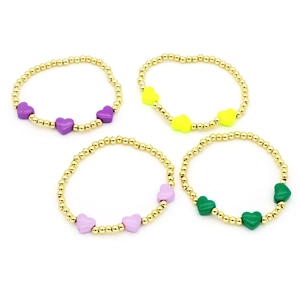 Colorful enamel heart bead bracelets with golden metal beads for women in four vivid colors