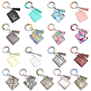 Silicone bead keychain bracelet with PU leather card holder and tassel in various patterns