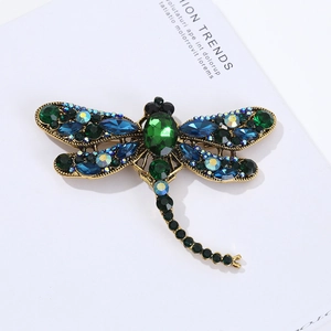 Luxury green dragonfly brooch with colorful crystals on gold-plated alloy base