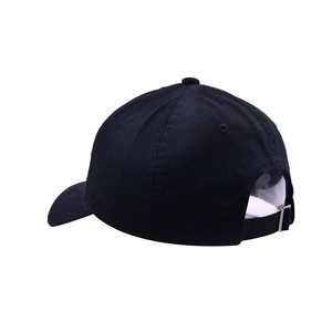 Classic black cotton baseball cap with adjustable metal buckle shown from side-rear view