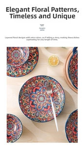 Ceramic dinnerware set with vintage floral patterns on light wood tabletop