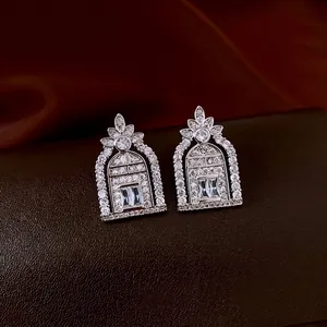 Vintage Architectural Geometric Hollow Stud Earrings For Women With Copper Zircon And Silver Earring Post Luxury Jewelry