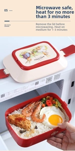 Close-up of rabbit pattern lunch box used in microwave with 1-3 minutes heating guide