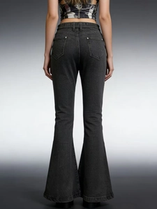 Rear view of high-waisted black flare jeans featuring butt-lifting cut and denim texture
