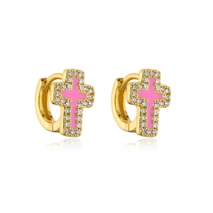 Orecchini a croce placcati oro 18K con smalto rosa e micro zirconi luccicanti
