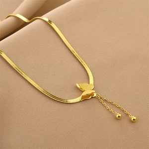 Elegant gold titanium steel butterfly pendant necklace with double-layer matte wing design