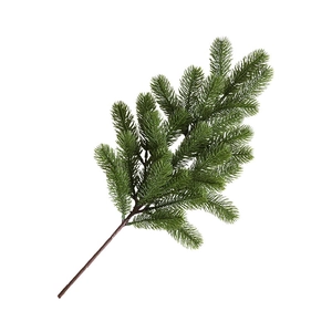 Realistic PE artificial pine branch decoration with green needles and brown stem on white background