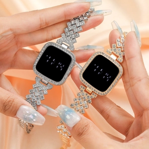 Elegant square LED digital watch with sparkling rhinestones in silver and gold colors