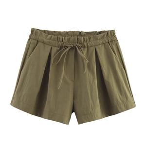 Army green high waist casual shorts with elastic drawstring and side pockets flat lay view