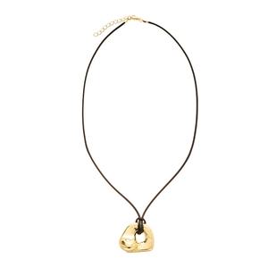 Irregular geometric gold pendant with brown leather cord and metal clasp on white background