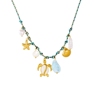 Braided rope necklace with golden starfish, turtle charms and baroque pearl accents