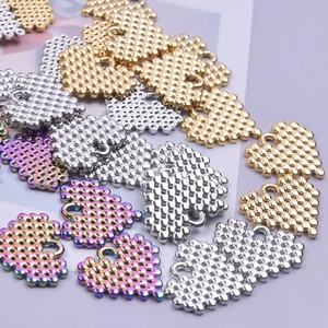 Polished stainless steel heart pendants in gold, silver, and rainbow bead textures