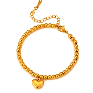 Bracelet à billes en acier inoxydable doré avec breloque cœur et fermoir homard