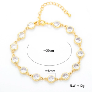 Detail view of a 20cm gold chain bracelet with 8mm round zircon stones and measurements