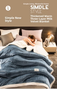 Detail of blue-grey triple-layer thick milk velvet blanket with soft quilted texture