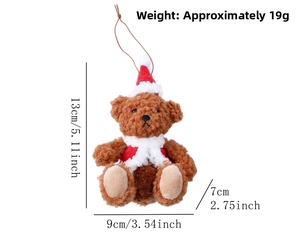 Detail view of plush Christmas teddy bear ornament with precise size dimensions in inches