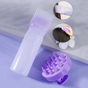 Scalp massager brush and 60ml hair dye applicator bottle set in lavender purple