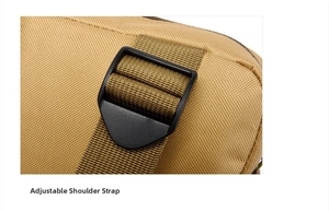 Detail highlight of adjustable strap with black buckle on tactical vest chest bag