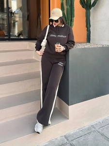 Women Sweatshirt And Pants Polo Collar Long Sleeve Side Stripe Embroidery Lettering Retro Sporty Streetwear Brown Cotton