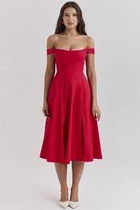 Front view of elegant red sleeveless floral dress with high slit and cinched waist design