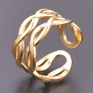 Detailed close-up of a golden double-layered woven Celtic knot adjustable open ring