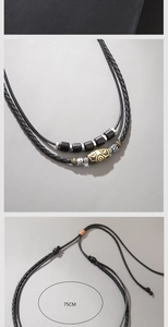 Macro detail of 75cm woven rope necklace with vintage beads and metallic spacers