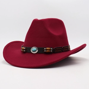 Detail of wine red felt cowboy hat featuring a black band with turquoise and wood beads